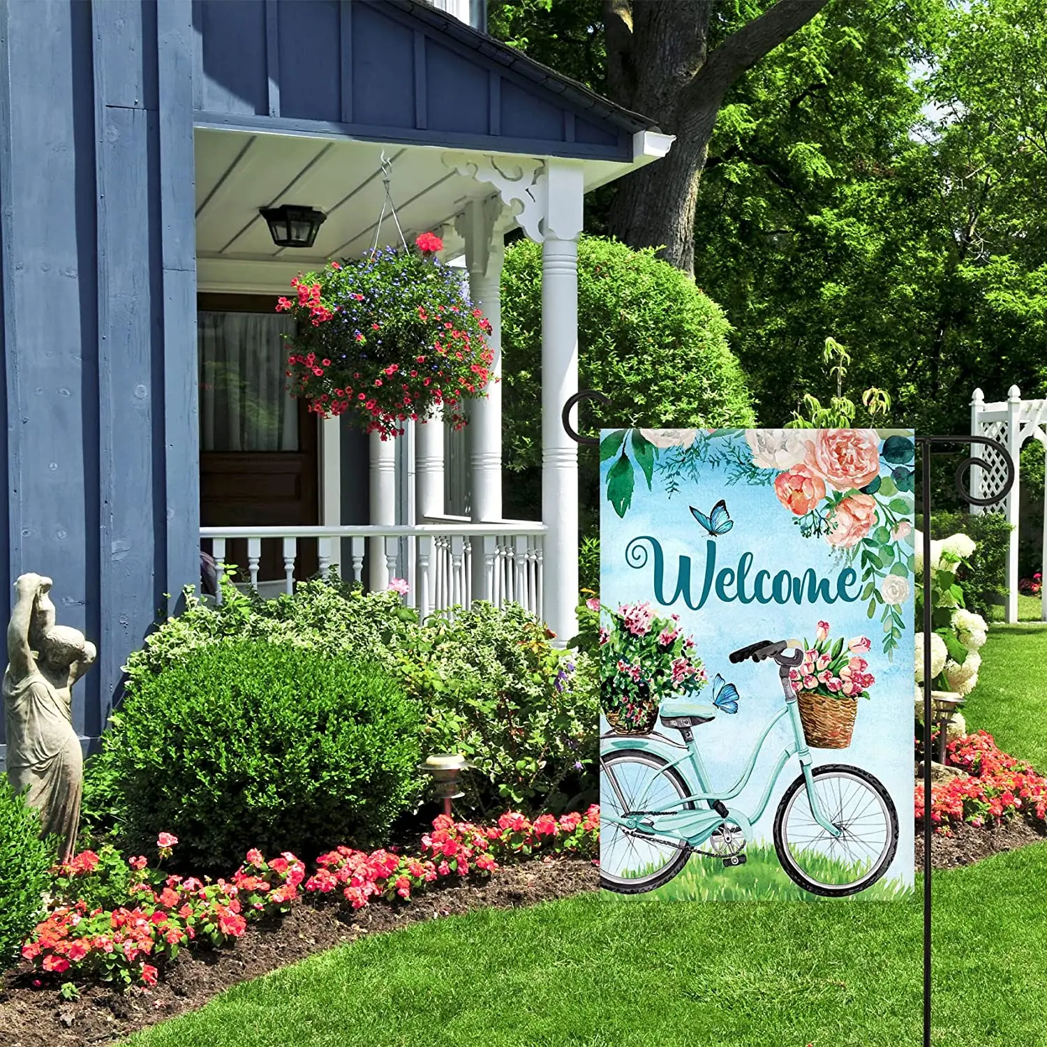 Welcome Bicycle Butterfly Floral Garden Flag Double Sized Spring Flower Yard Outdoor Decoration Banner for Outside House Yard Ho