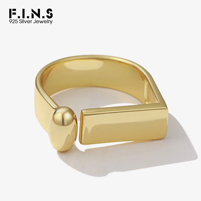 

F.I.N.S кольцо из чистого серебра S925 в корейском стиле для женщин, гладкое прямоугольное кольцо с геометрическим рисунком, открытый регулируемый палец, ювелирные украшения