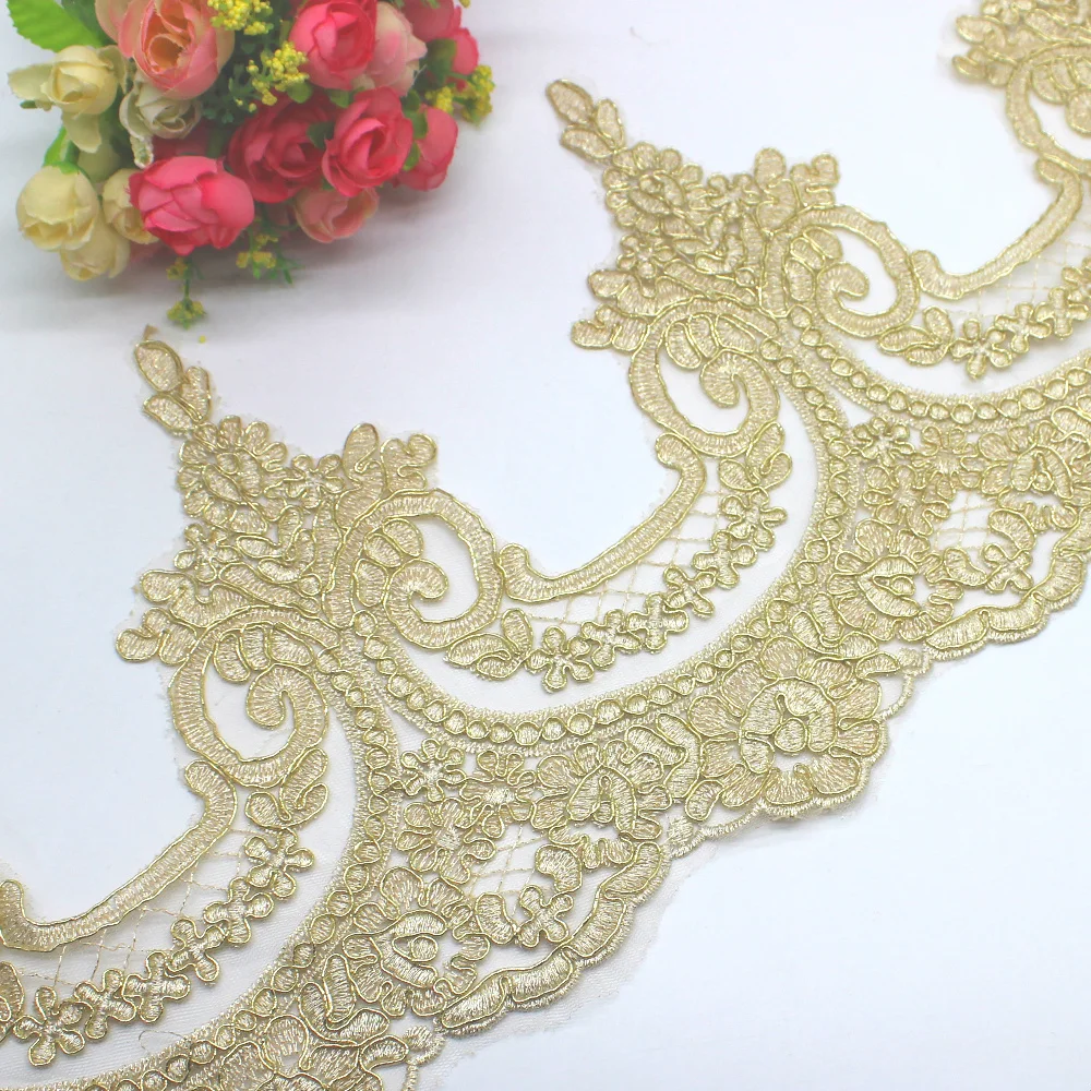 1 Yard Gold Embroidery Lace Appliqued Champagne Gold Lace Trims Light Tulle Lace Fabric Scalloped Bridal Sashes 23-31CM