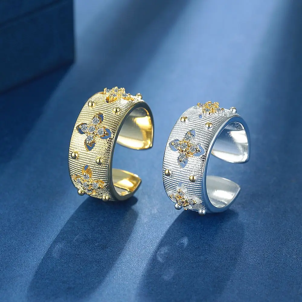 

925 Sterling Silver Two-tone Petal Diamond Ring Anniversary Birthday Wedding Party Gift