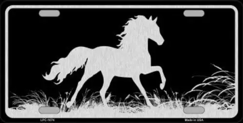 License Plate Metal Tin Sign Picture Print Plaque Horse Black Brushed Chrome