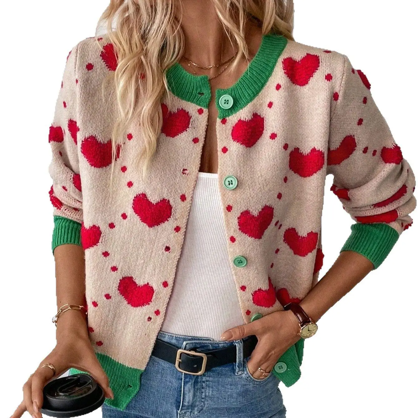 

Knitted Cardigan Casual Loose-fitting Slim-fitting with Heart-shaped Crochet Flowers Contrasting Colors Sweater Jacket 005
