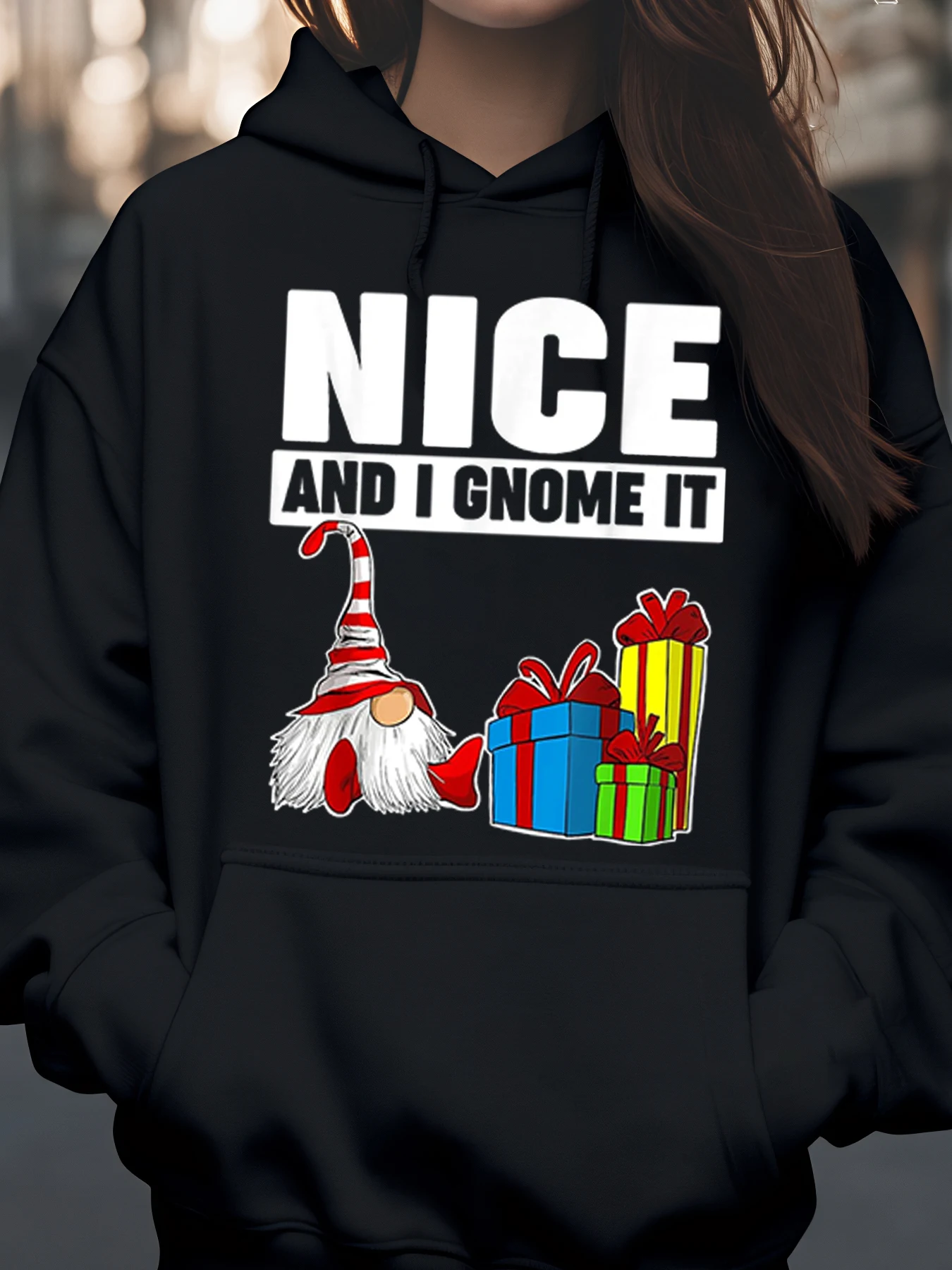 جنوم وهدايا طباعة عيد الميلاد هوديي عطلة ارتداء المرأة عارضة أعلى