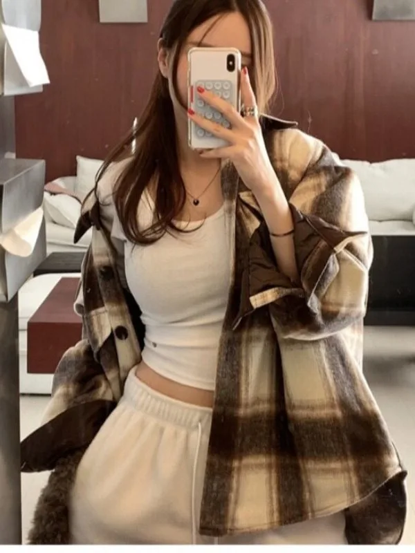 Thickened Woolen Coat Women's Winter New Style High-End Retro Plaid Loose Cotton Warm Jacket Coat Korean Style Spring Autumn ...