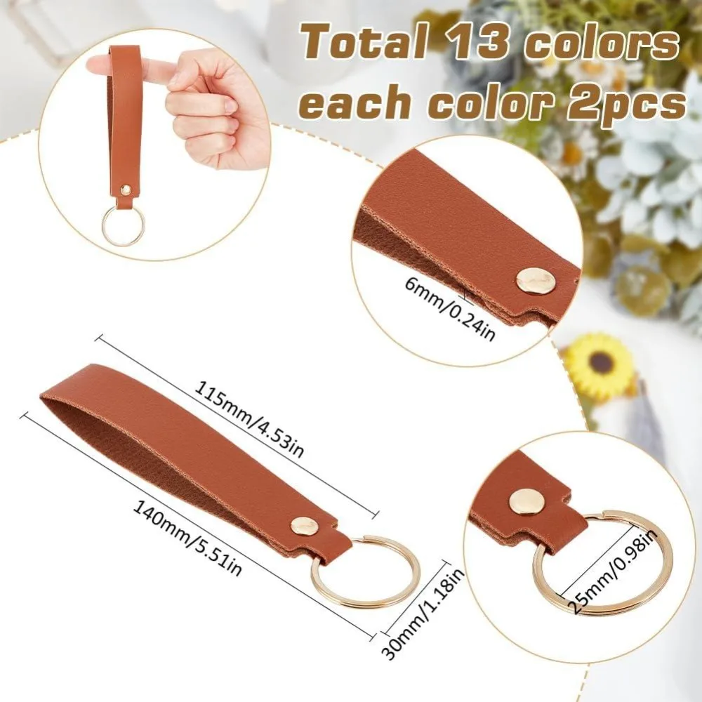 1 Box 26Pcs 13 Colors Laser Leather Keychains PU Engraving Leather Keychain Blanks Tags with Gold Key Rings Key Chain Hooks
