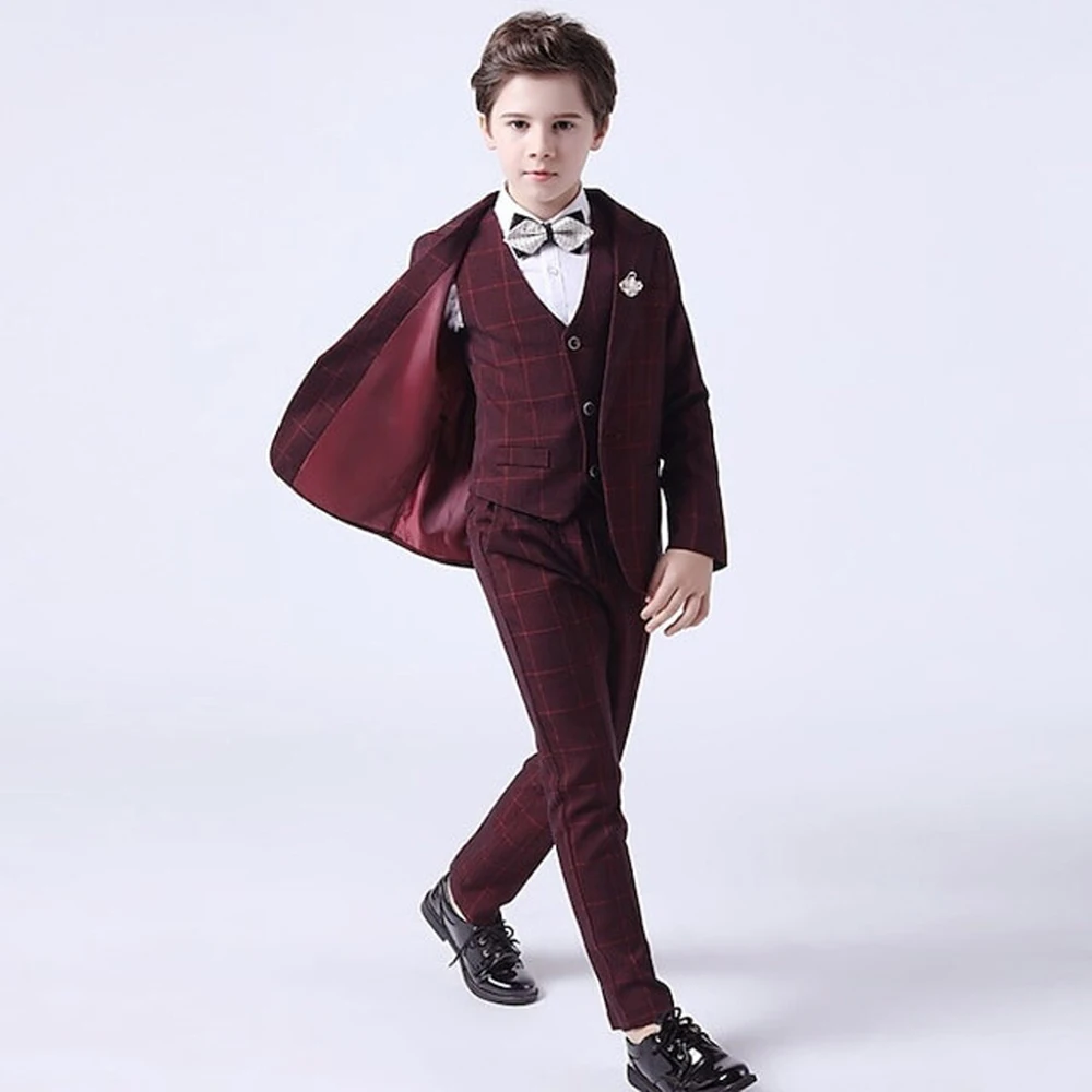 Fashion Plaid Boys Suits Peak Lapel One Button Outfits High-end Casual Daily Formal Checkered Sets 3 Piece Kids Clothes