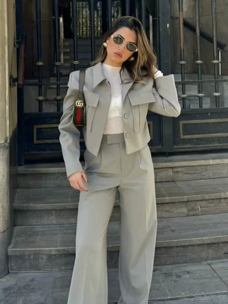 XIZOU 2024 Summer Fall Casual Women Solid Suits Fashion Streetwear Pockets Turn-down Collar Short Jackets+Chic Wide Leg Pants