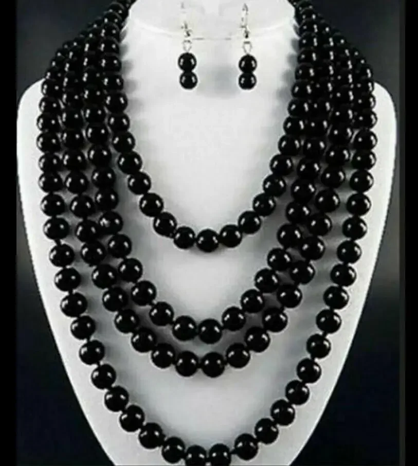 

New natural black 8mm Black Agate Round Gem Necklace Earring Set 100“