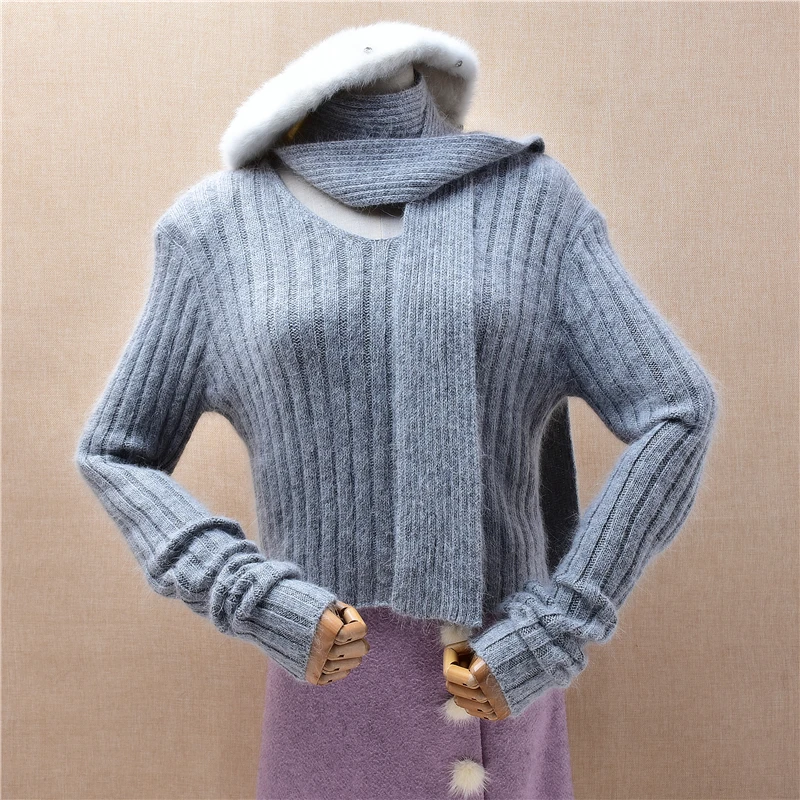 

Women Mujer Autumn Winter Fashion Grey Striped Hairy Angora Rabbit Hair Knitted V-Neck Crop Top Scarf Slim Sweater Jumper Pull