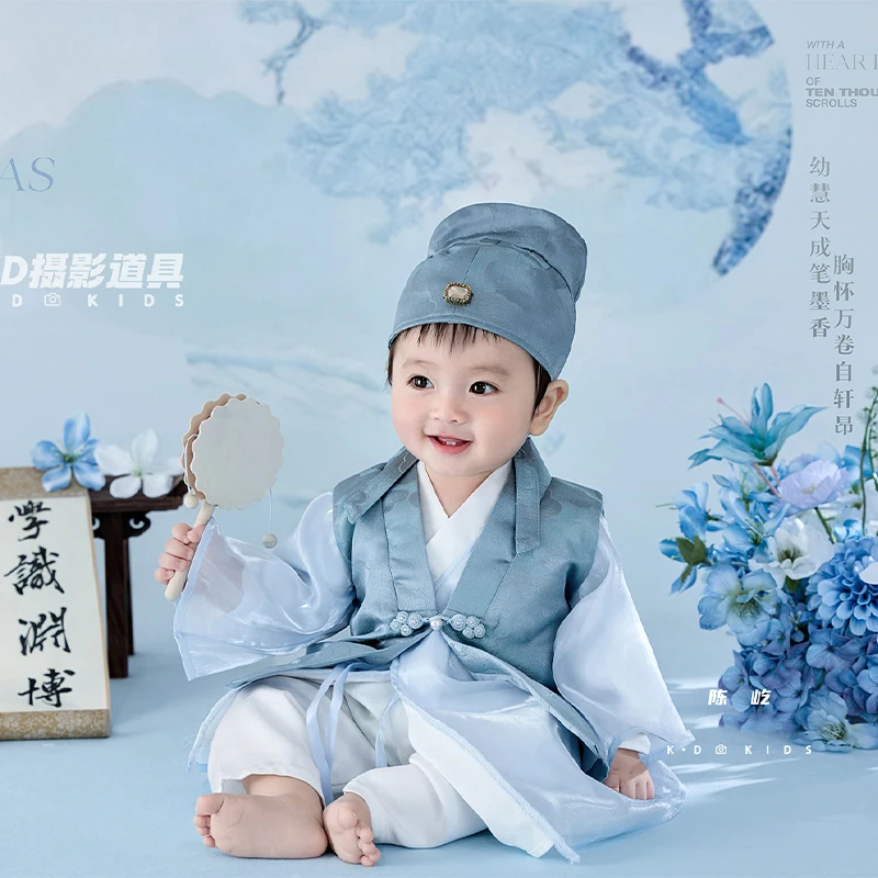 100 Days Baby Confucius Scholar Costume Newborn Photography Outfit Chinese Style Blue Robe with Hat for Baby Boy Photoshoot