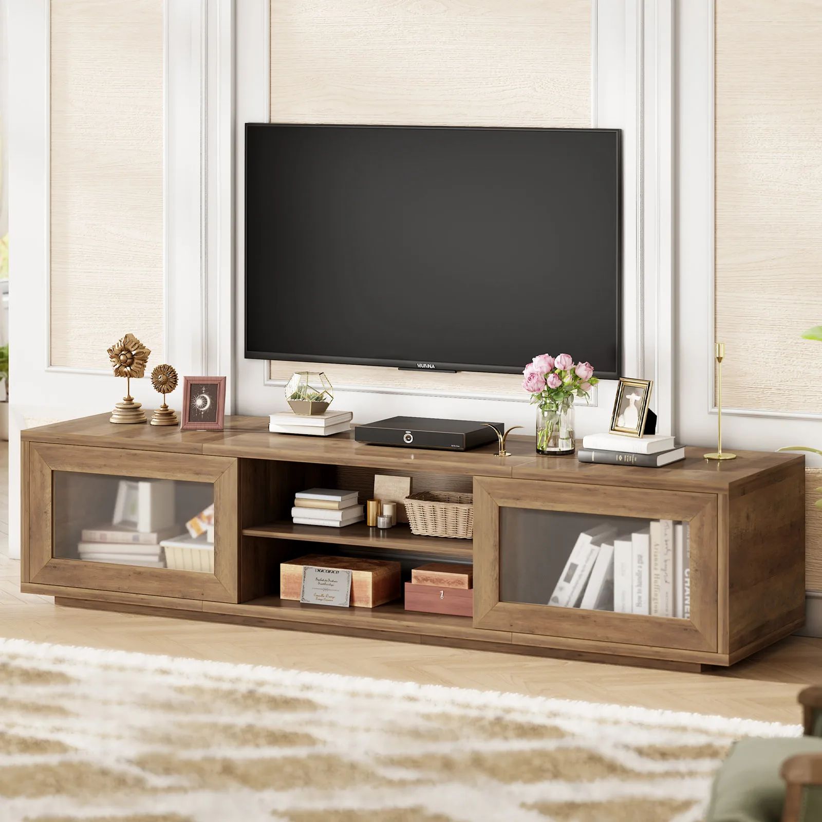Hot Sales Custom Modern TV Stand With Sliding Doors And Storage Cabinet Rustic Wooden TV Cabinet For Living Room Bedroom