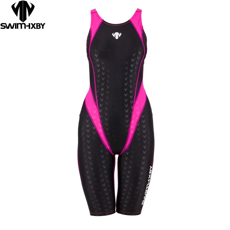 HXBY Women One Piece Competitive Knee Length Quick Dry Swimwear Professional Competition Training Swimsuit Girls Bathing Suits