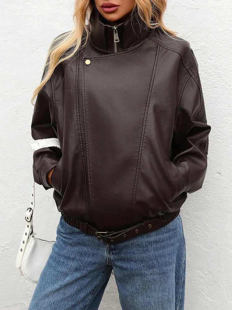 New Spring Autumn Women Streetwear Retro Loose Faux Leather Jacket Moto Biker Female Vintage Belt Zipper Coat Outwear 2025
