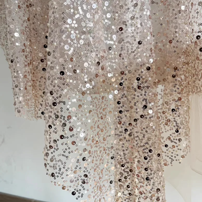 

One meter White champagne gold mesh fabric Bead sequins sewing wedding dress women's dress accessories tissu