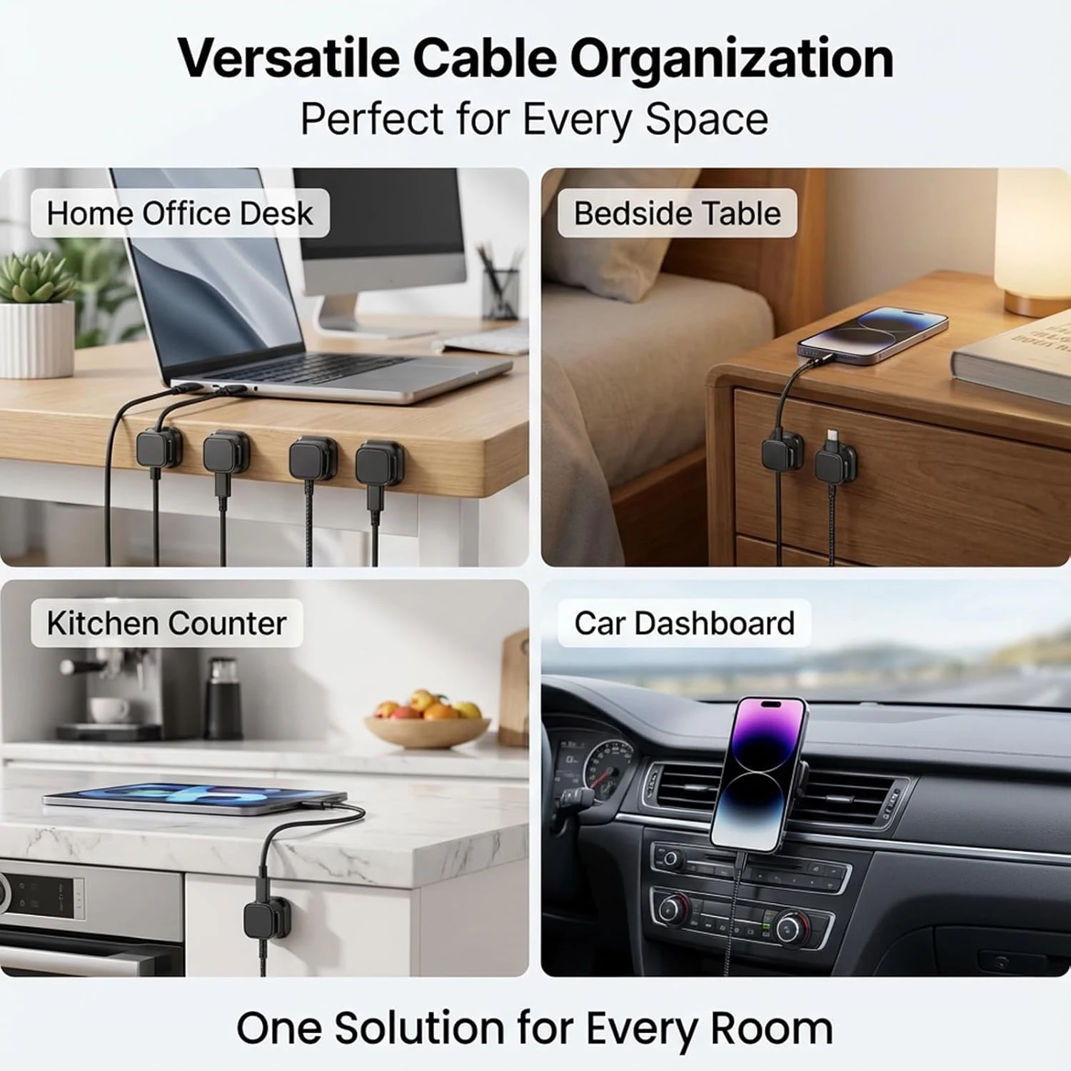 2pcs Magnetic Strong ​Cable Clips Adjustable Cord Holder, Adhesive Under Desk Mgmt Organizer, Home Office Car Wall Desktop