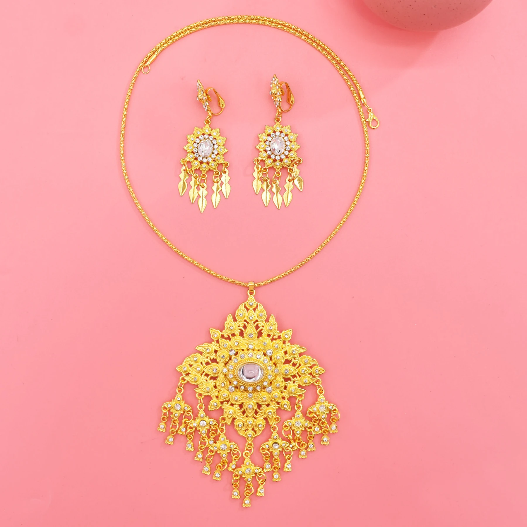 Fashion Luxury Golden Devil\'s Eye Crystal Flower Pendant Necklace Earrings for Women Drop Rhinestone Bride Wedding Jewelry Set
