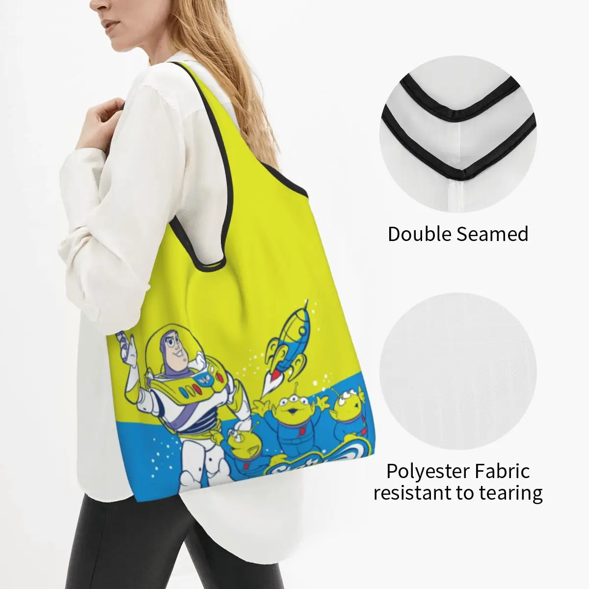 Custom Anime Toy Story Buzz Lightyear And Alien Shopping Bag Women Portable Big Capacity Grocery Cartoon Movie Tote Shopper Bags