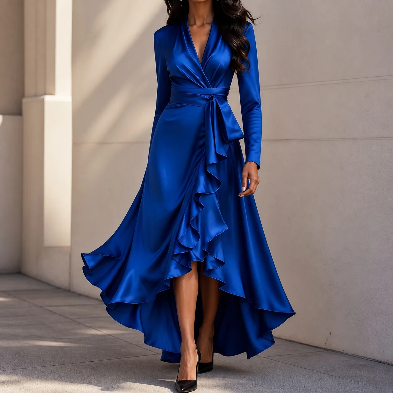 Women's Elegant Satin V Neck Long Sleeve High Waist A-line Solid Color Ruffle Dress for Wedding Guest Party Prom Wedding Party