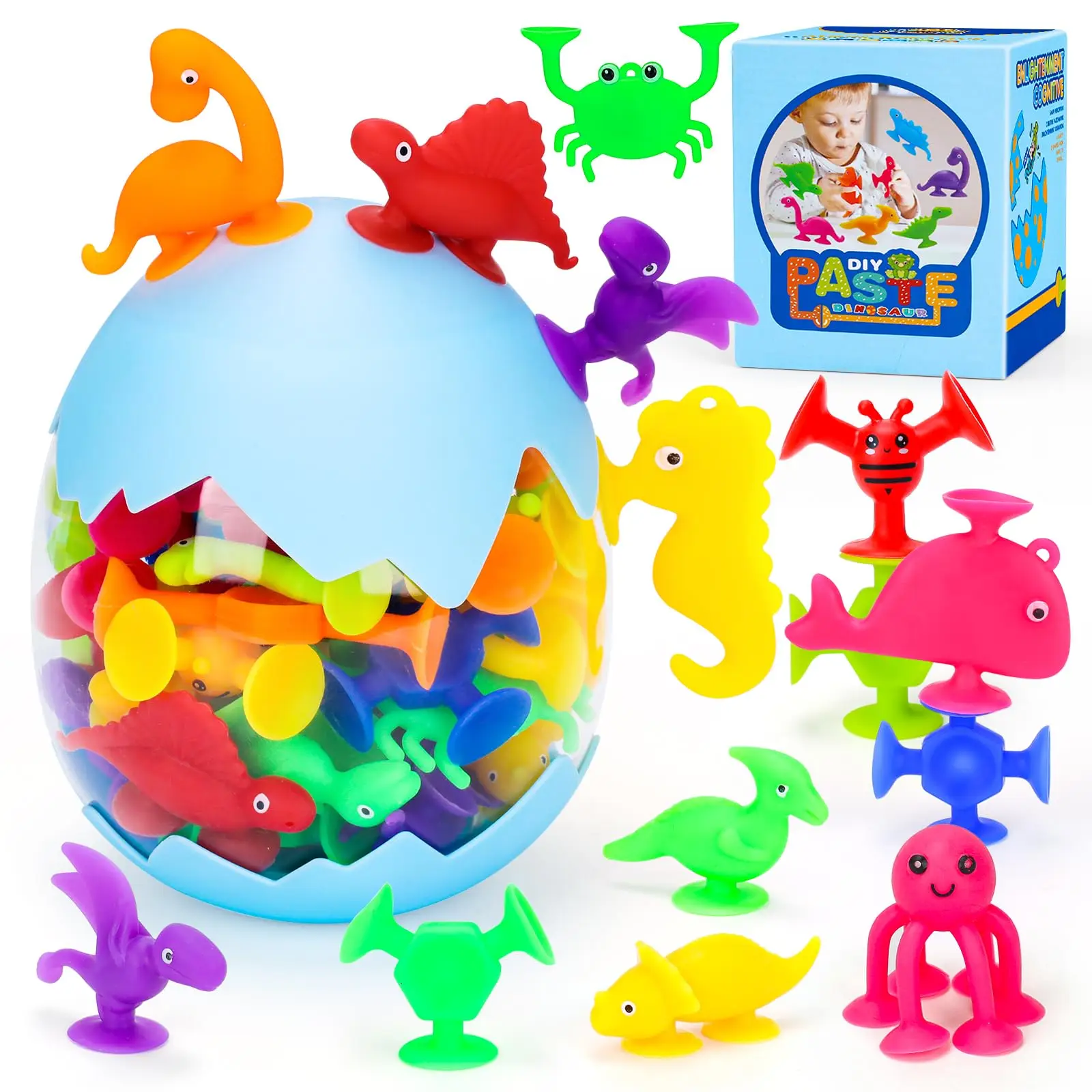 Brinquedos de Sucção em Forma de Ovo de Dinossauro, DIY Criativo, 38 Peças Coloridas, Cores Vibrantes, Jogo Portátil para Janela de Carro ou Banho para Crianças