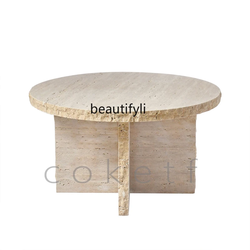 

Wabi Sand Wind Designer Natural Roman Travertine Marble Living Room Round Coffee Table High-end Small Apartment Home