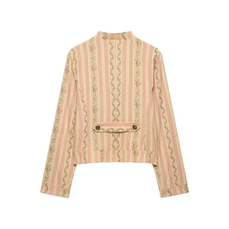 Women's Floral Striped Jacquard Jacket New 2026 Summer O-Neck Asymmetric Button Long Sleeve Pocket Lady Coats Female Outerwear