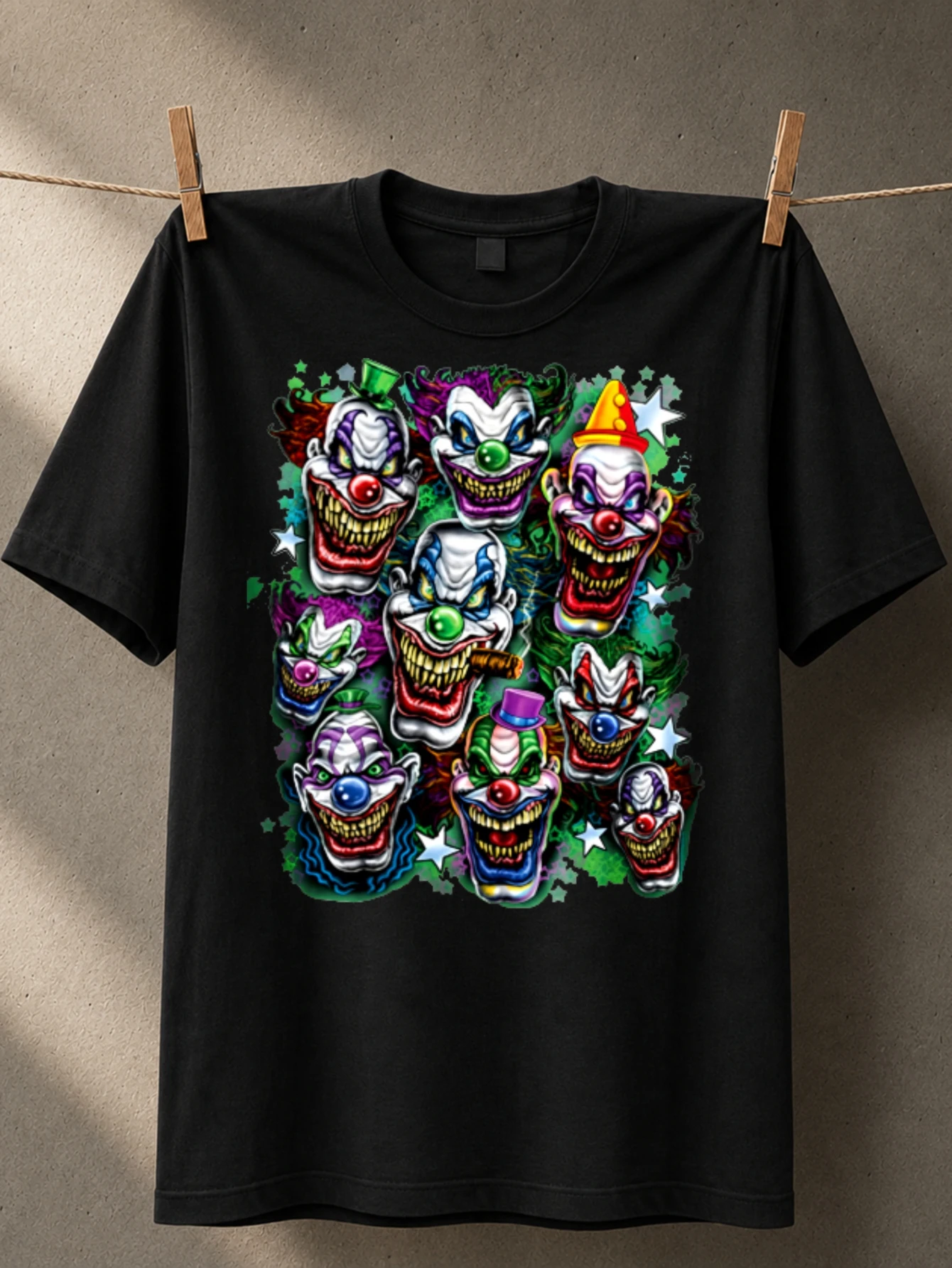 Colorful Clown Faces many creepy circus heads with stars sharp teeth and neon green horror carnival  Unisex All T-Shirt