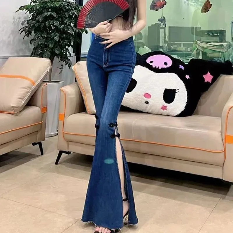 

With Slits Stretch Female Cowboy Pants Women's Jeans Korean Popular Clothes 2025 Fashion South Korea Cheap Top Selling Trousers