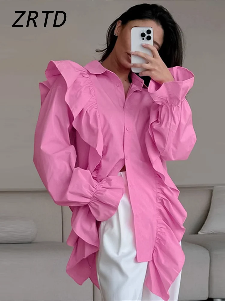 Street Women's Ruffles Solid Shirt Casual Lapel Single Breasted Flare Sleeve Female Blouse 2025 Spring Lady Chic All-match Tops