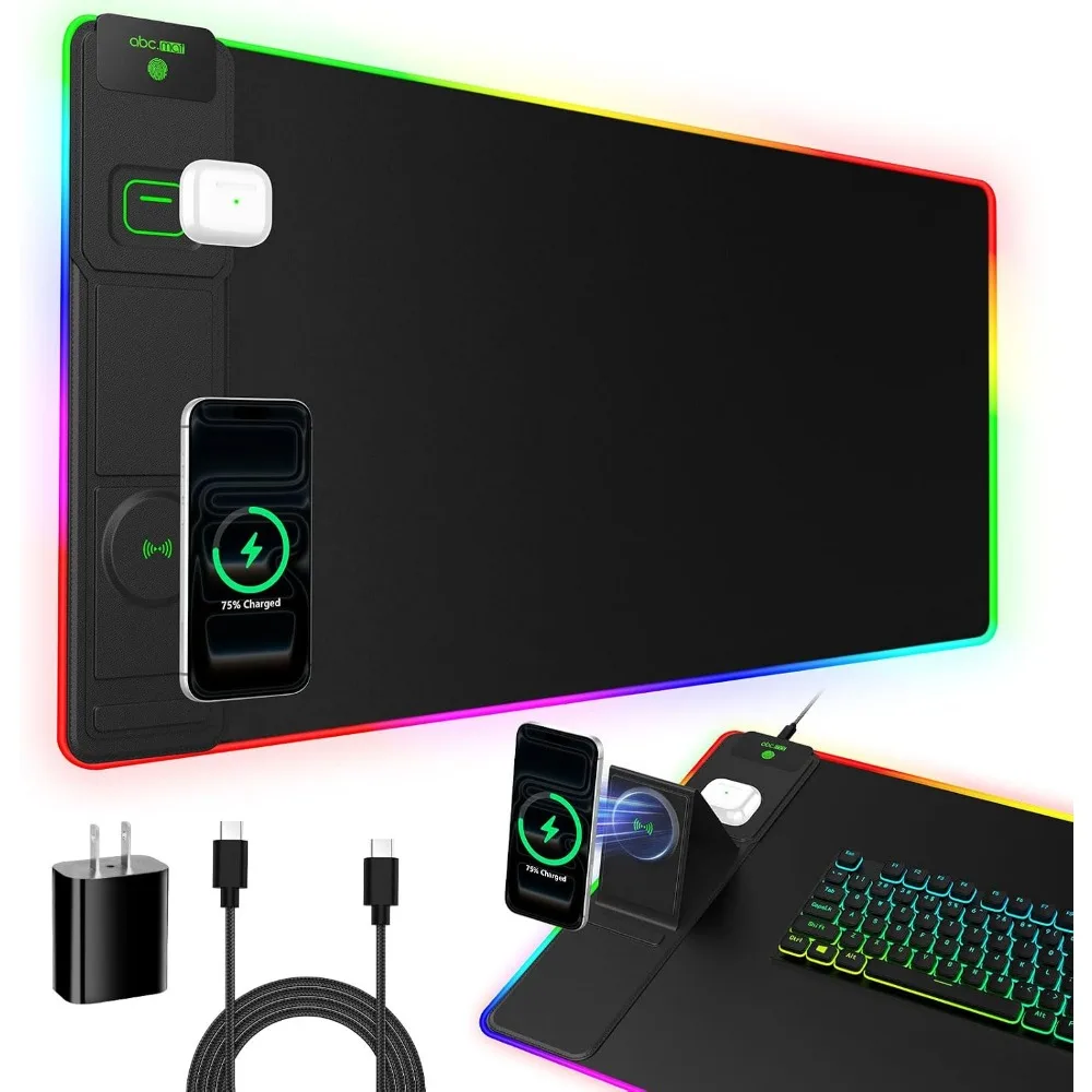 LED Gaming Mouse Pad: 31.5x15.8" Desk Mat, 25 Lighting Effects, Wireless Charger, Foldable Phone Holder, 20W Adapter