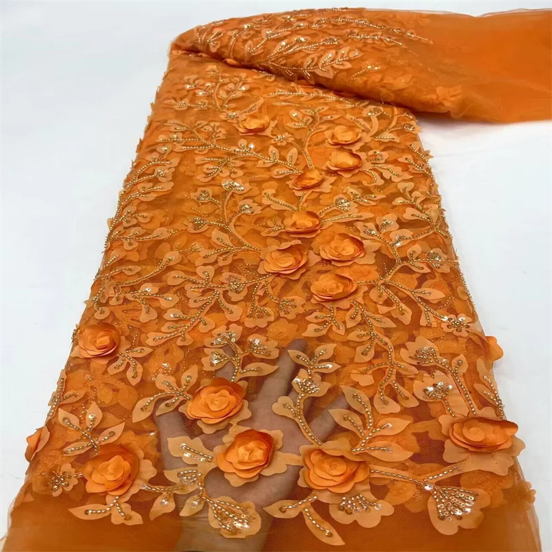 

High Quality Fashion African 3D flower Tulle Embroidered Groom Lace Fabric Beaded Orange Lace Fabric For Nigerian Wedding Dress