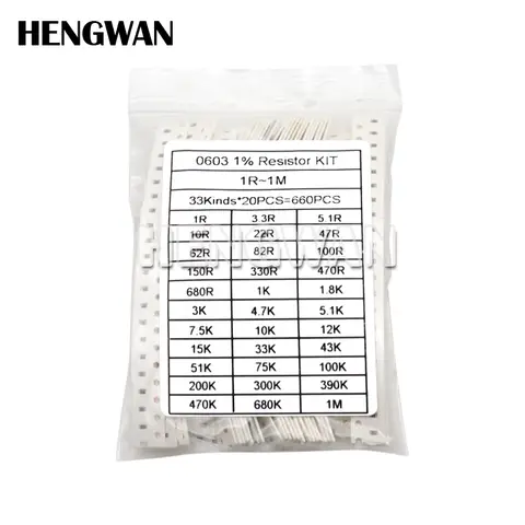 660PCS 0201 0402 0603 0805 1206 1% SMD Resistor Assorted Kit 33Values Each 20pcs 1R-1M 10K 100K 1K 100R Resistance Set
