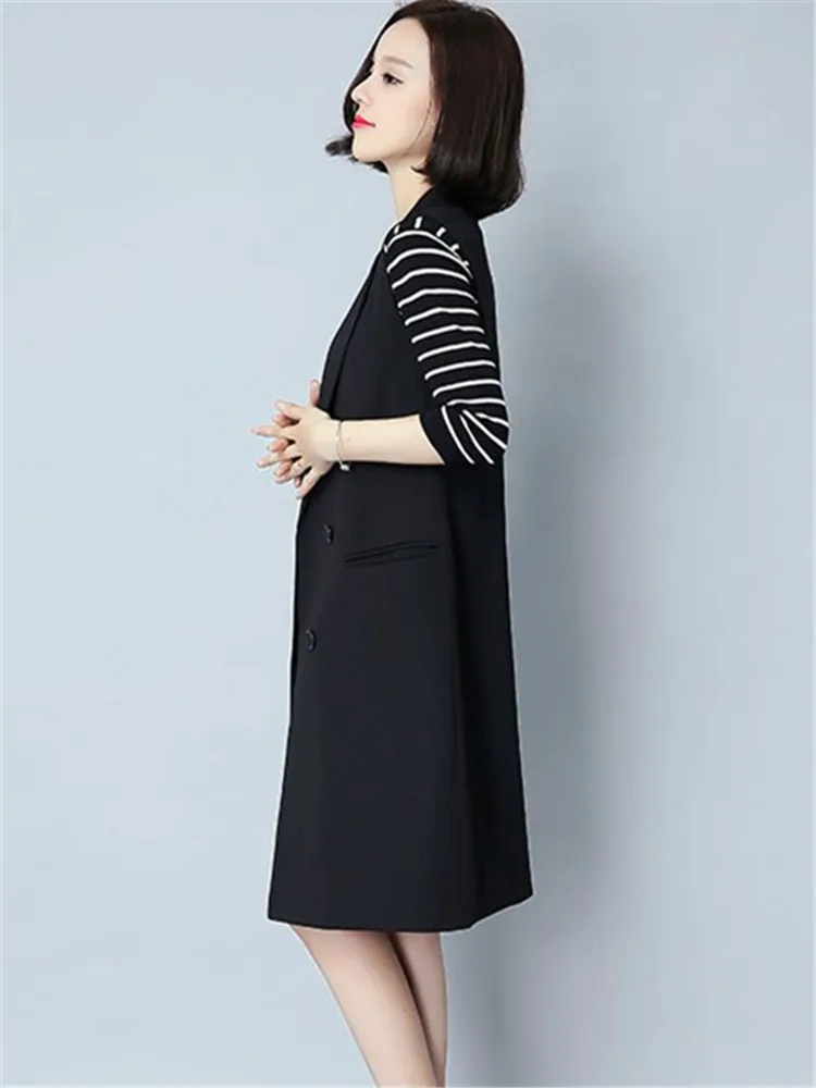 جديد المرأة منتصف طول صدرية الكورية ربيع الخريف جاكيت بلا إكمام الإناث سترة سوداء ملابس خارجية مزدوجة الصدر أبلى