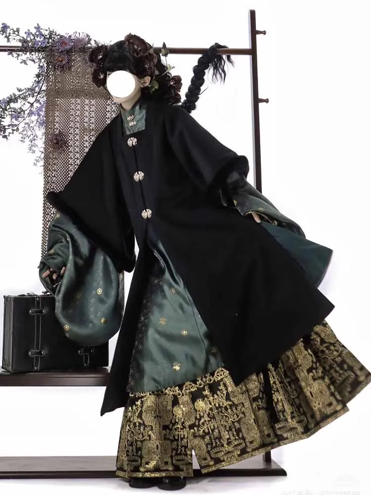 Inverno plus size 8xl hanfu feminino antigo chinês vintage dinastia ming preto engrossado casaco longo ouro cavalo rosto saia 3 pçs ternos