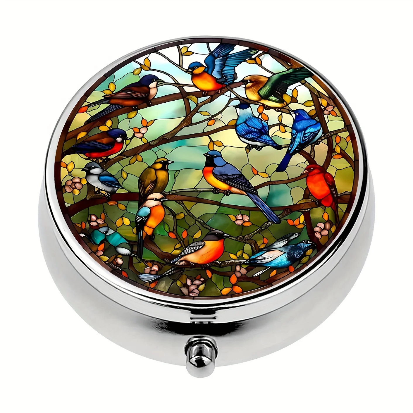 Colorful Birds 3-Compartment Pill Organizer-Compact&Portable Medicine Case For Purse Or Travel,Decorative Metal Vitamin Holder