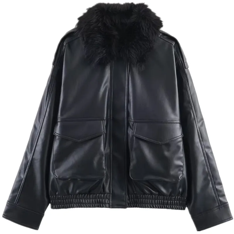 Detachable Fake Fur Effect Jaet Women's Faion Autumn New Arrival 2025 Long Sve Zipper Closure ort Outerwear