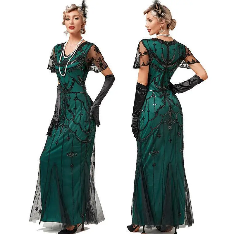 

French 1920S Vintage Sequin Dress Fashion Short Sleeve Slim Gown Dress Banquet Evening Long Dress Festival Play Clothing