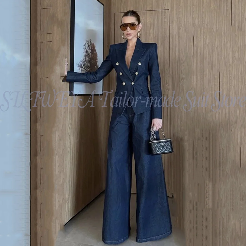 

Women Pant Suits Blue Denim 2 Pieces Jacket Wide-leg Pants Ladies Business Office Work Wear Formal Outfit Blazer Fashion Suit
