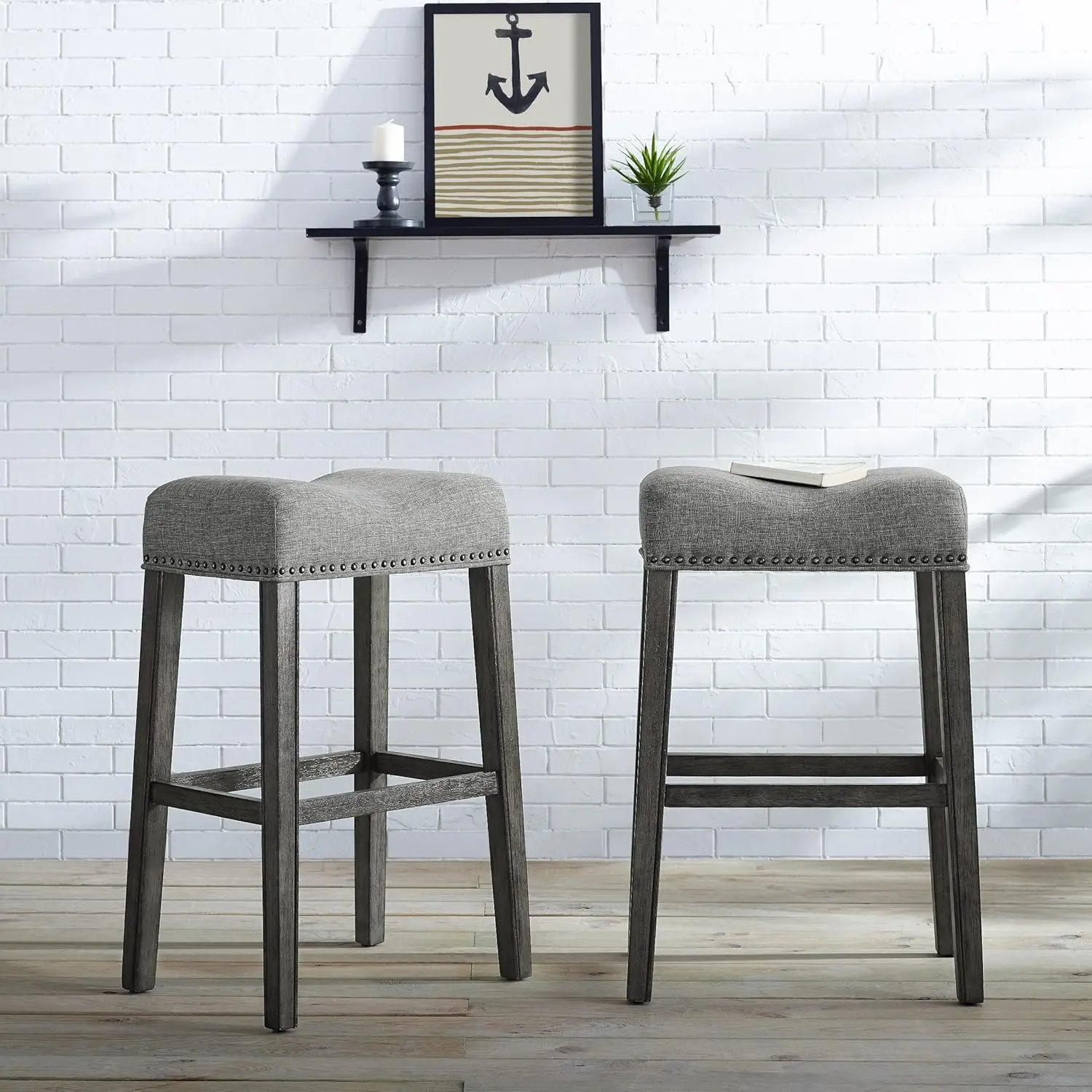 Coco Upholstered Backless Saddle Seat Bar Stools 29 Height Set of 2, Gray
