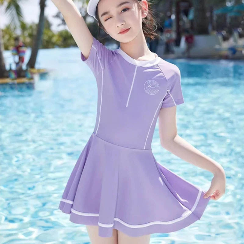 Solid Girls Swimsuit With Shorts Kids Swimwear Short Sleeve Children Two-Piece Suits Bathing Suits For Teen Girls Swimming