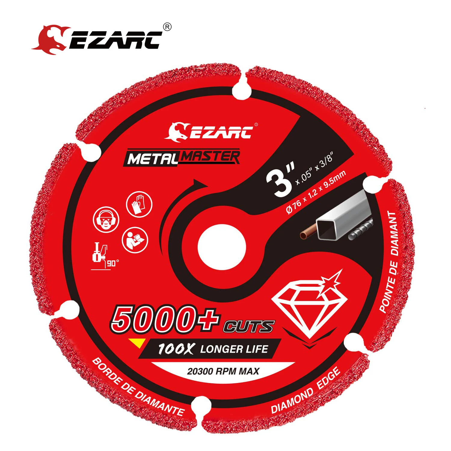 EZARC-Roda de corte de diamante para Metal, Cortar roda com 5000 cortes Plus no vergalhão, Aço, Ferro e Inox, 3x3/8 polegadas, 4-1/2x 7/8 polegadas