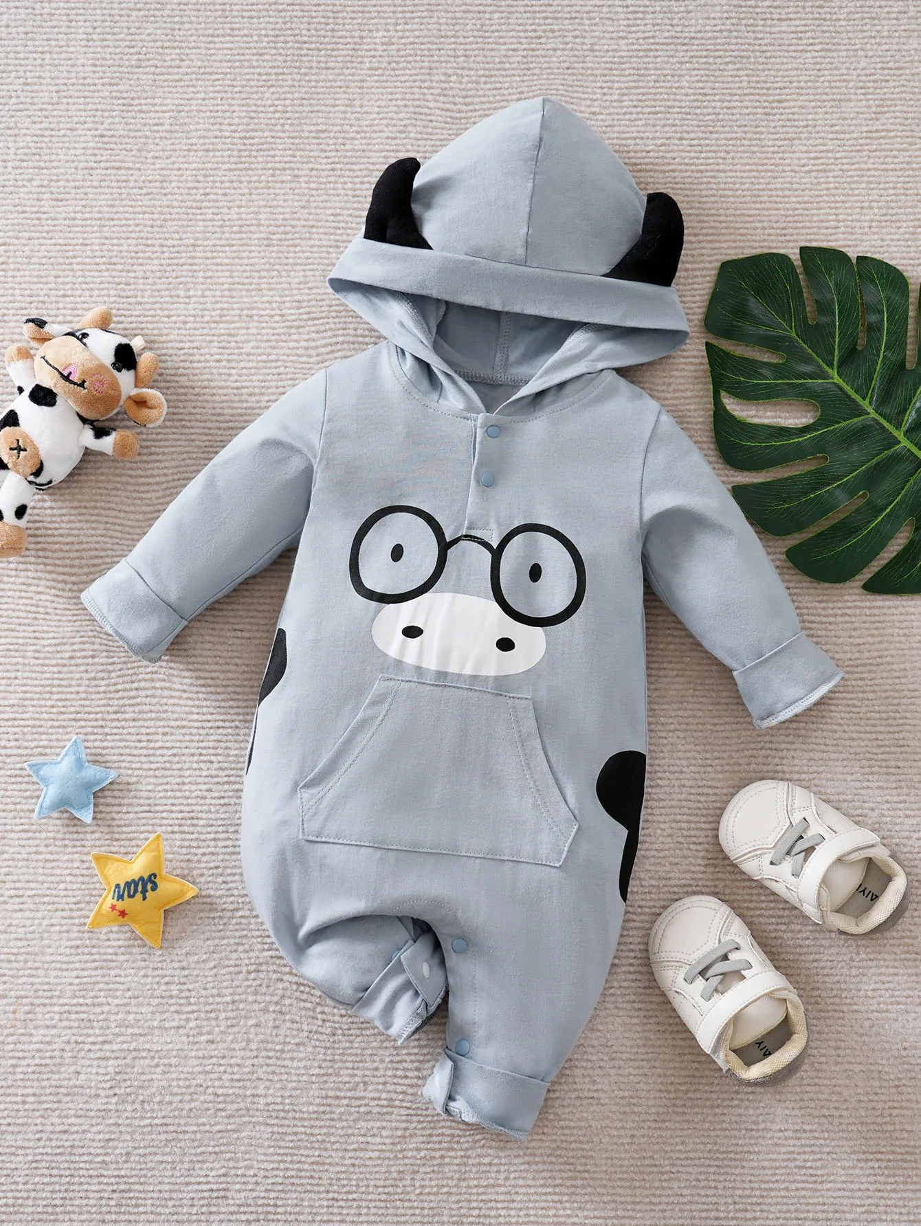 

Очки с милыми мультяшными животными для маленьких мальчиков, удобный простой детский комбинезон с капюшоном и шипами, синий весенне-осенний детский комбинезон с длинными рукавами