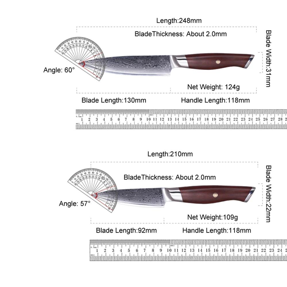 Amberknife 67 Layer VG10 Damascus Steel Rosewood Ergonomic Handle Chef Santoku Bread Utility Paring Kitchen Knife Set