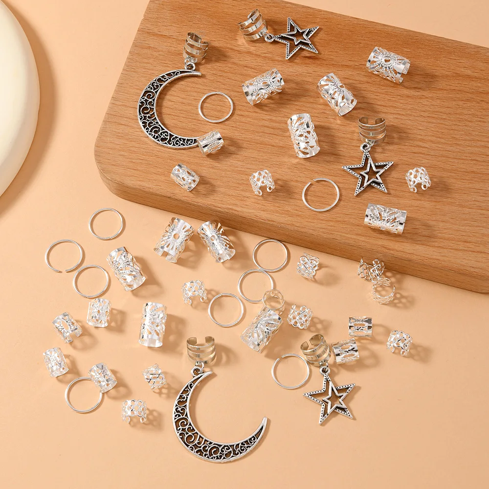 

45 Pieces Hollow Star Moon Dreadlock Braid Cuffs Metal Alloy Hair Loops For Box Braids And Extensions Strong Hold Non Slip