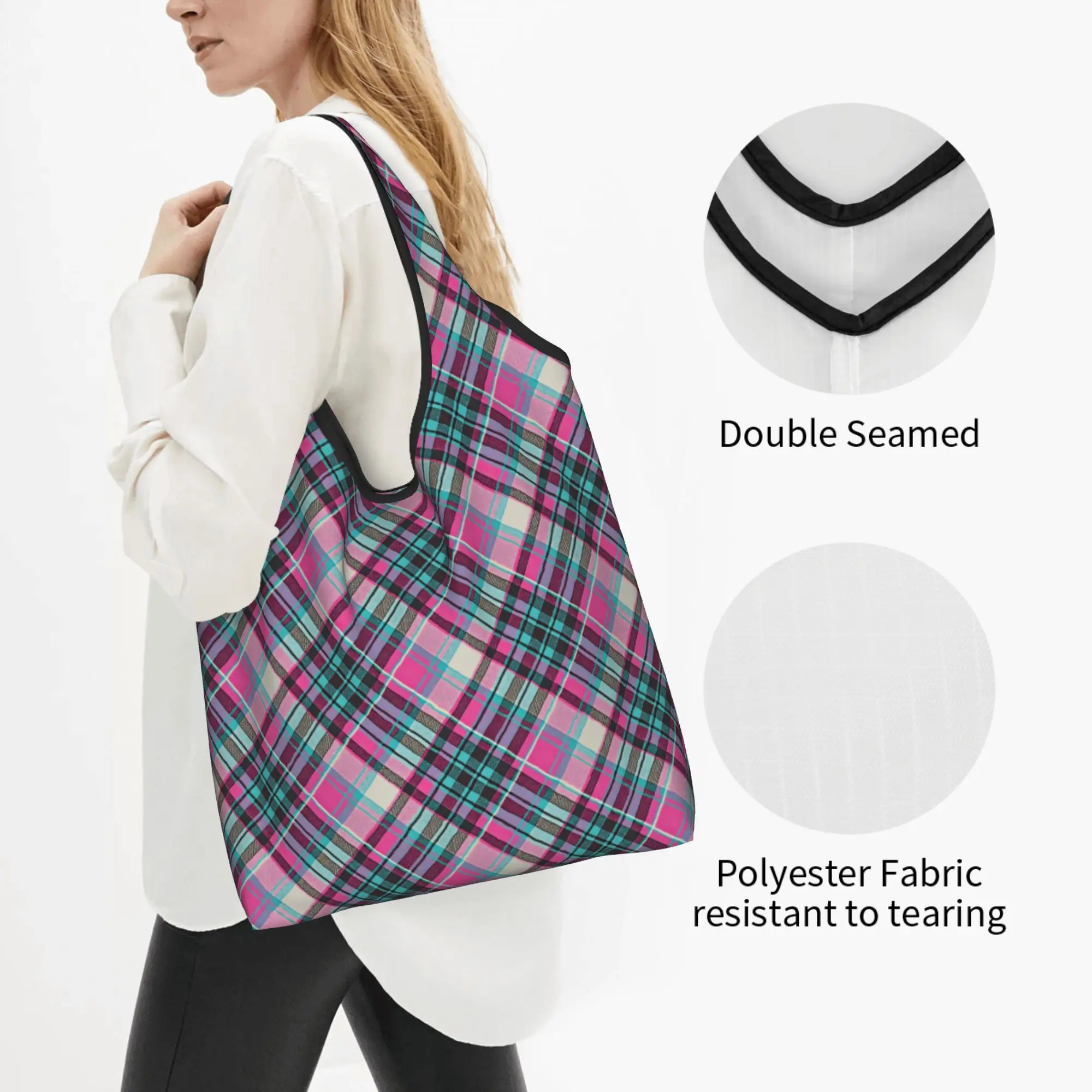 Custom Pink And Teal Tartan Plaid Shopping Bag Women Portable Large Capacity Groceries Diagonal Texture Shopper Tote Bags