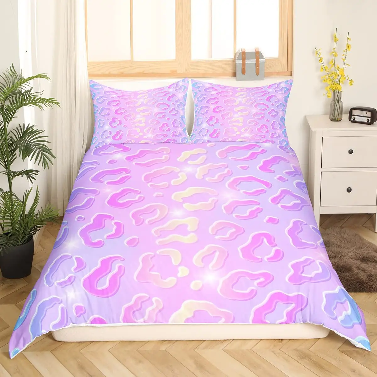

Leopard Print Comforter Cover Pink Pastel Cheetah Duvet Cover Animal Print Bedding Set Rainbow Galaxy Bedspread Cover King Size