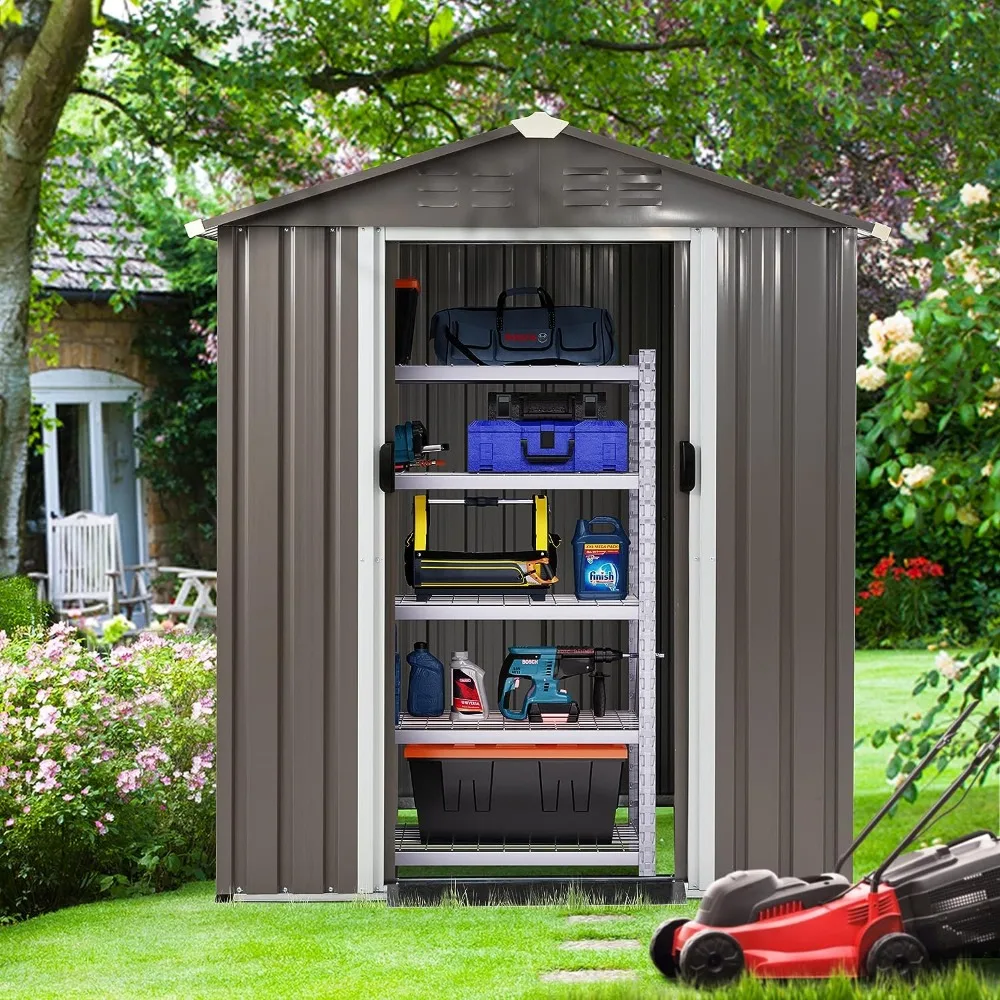 Outdoor Storage Shed Lawn Tools Patio Waterproof Metal Garden Sheds With Lockable Double Door Grey Booth Buildings Supplies Home