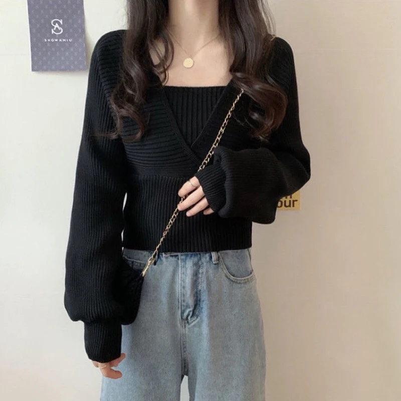 Autumn Korean Women Solid Color Fake Two Piece Long Sleeve Chic Knitted Sweater