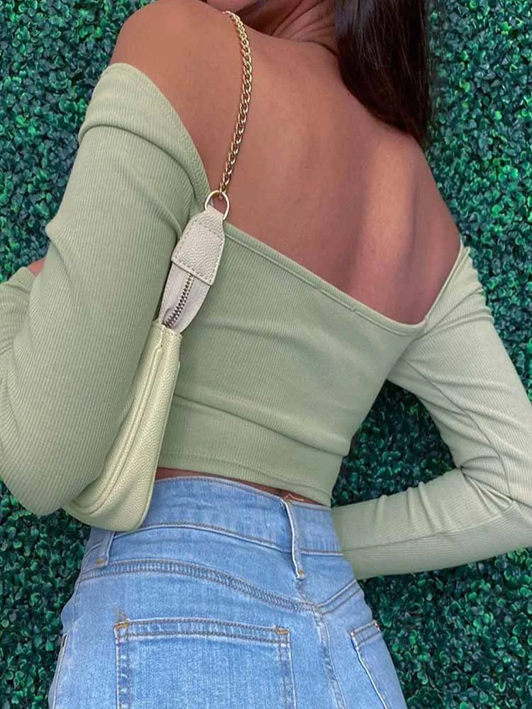 Hollow-Out V-neck Long Sleeve Crop Tops Spring Fall Casual Fashion Women Square Collar Slim Ribbed T-Shirts Backless Tee