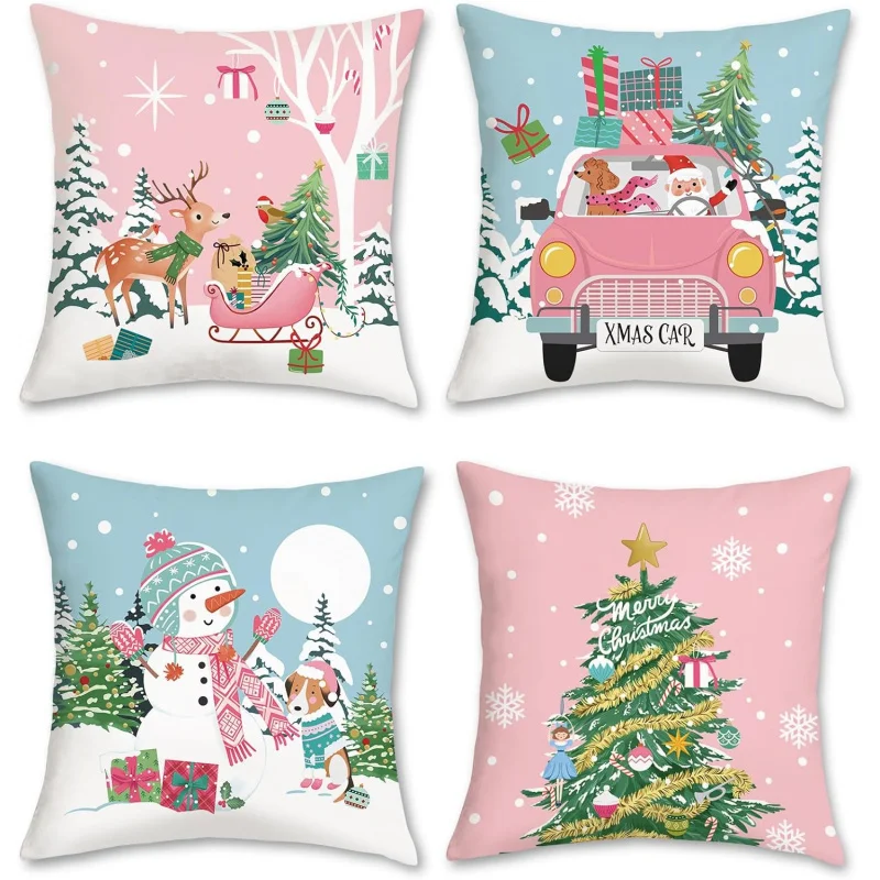 

Christmas Throw Pillow Covers Reindeer Snowman Xmas Trees Santa Snow for Couch Bed Home Winter Holiday Decor Set of 4