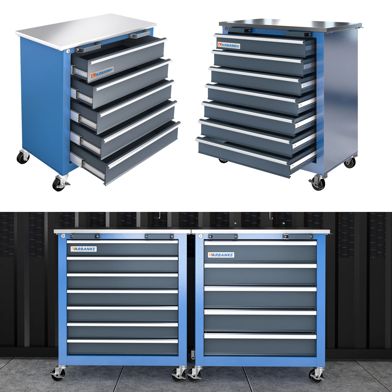 Combination Tool Cabinet,7 Drawer Tool Chest and 5 Drawer Tool Chest,Rolling Tool Chest with 360° Brake Wheels and Padded Feet.